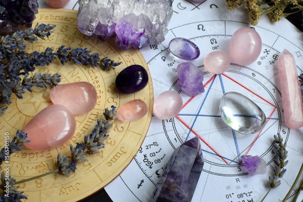 Fototapeta Beautiful crystals of amethyst and rose quartz and dried lavender herbs with symbols of the zodiac signs. Predictions, witchcraft, spiritual esoteric practice.
