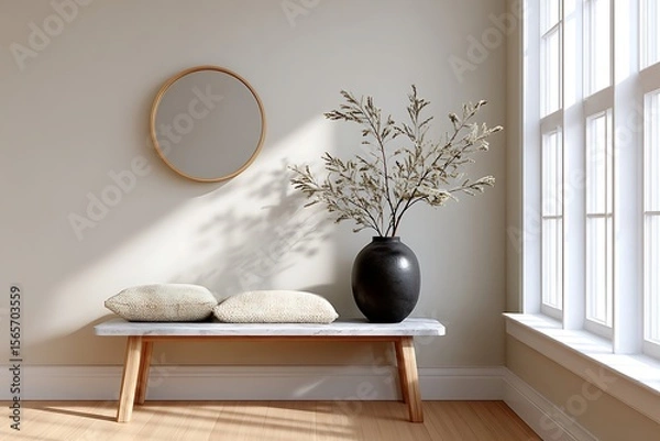 Fototapeta Inviting entryway with a bench textured pillows vase and round mirror creating a serene minimalist aesthetic.