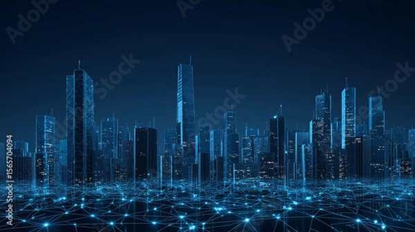 Obraz Futuristic city connected by a network glowing at night
