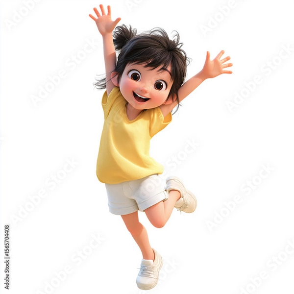 Obraz Cheerful cartoon girl jumping with open arms and smiling