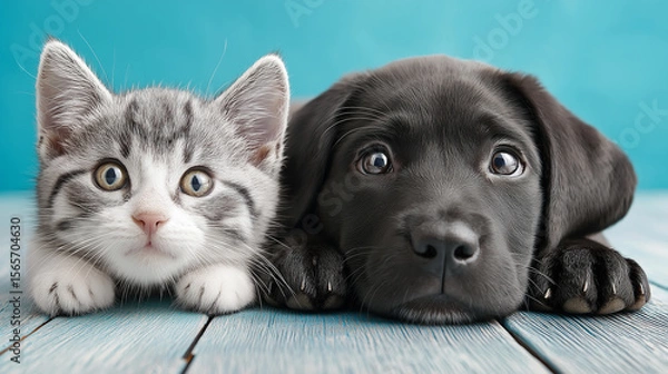 Obraz Adorable kitten and puppy lying on wooden floor against blue background