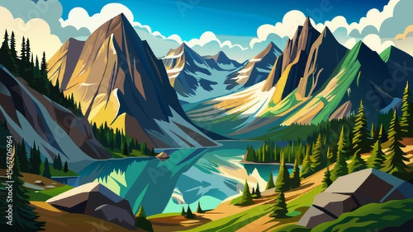 Fototapeta In Rocky Mountain National Park, alpine lakes sparkle below dramatic peaks, with elk grazing peacefully in the valley and crisp air surrounding the scene.