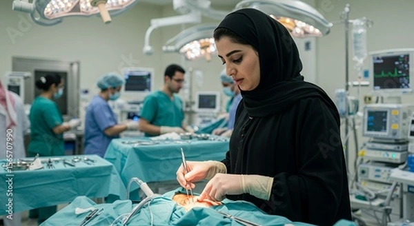 Fototapeta Focused surgeon in hijab performs delicate procedure in modern operating room, showcasing expertise and professionalism.