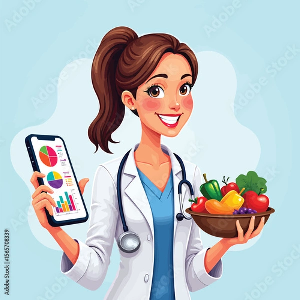 Obraz Dietitian holding fruits and vegetables showing diet app for healthy eating and nutrition advice tips