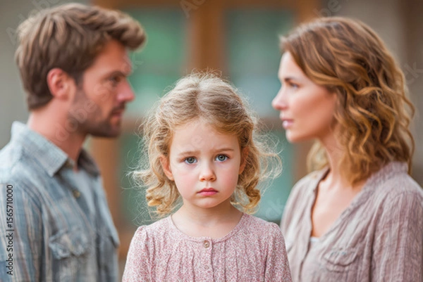 Fototapeta Young girl stands between parents with serious expressions in a soft, emotional family scene