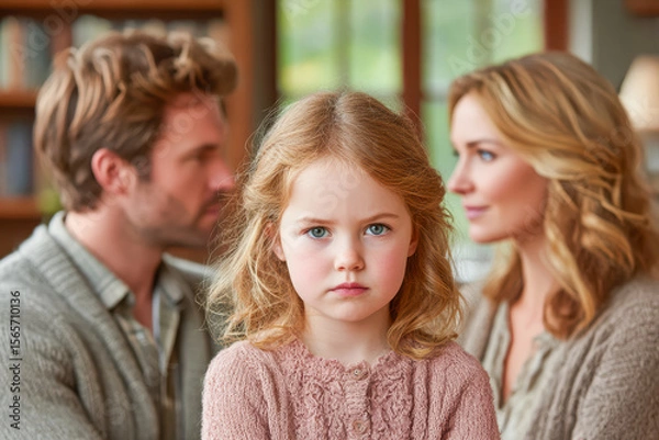 Fototapeta Young girl with serious expression in foreground, parents in soft focus background, family dynamics