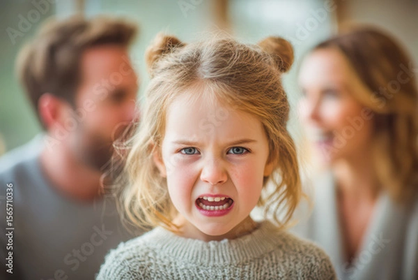 Fototapeta Young girl with angry expression in cozy family setting with blurred background figures