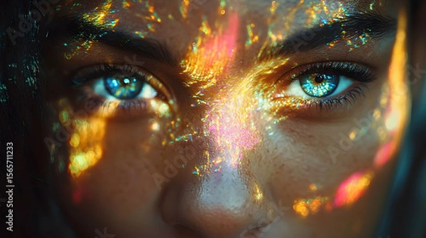 Fototapeta Vibrant light projection on womans face close up portrait