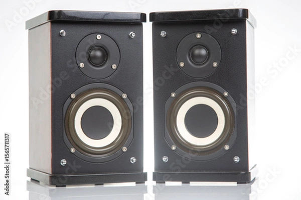 Fototapeta two stereo audio speakers on a white background. sound and media