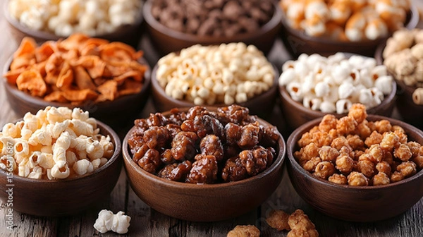 Fototapeta Assorted Popcorn Varieties in Wooden Bowls on Rustic Wood Surfac