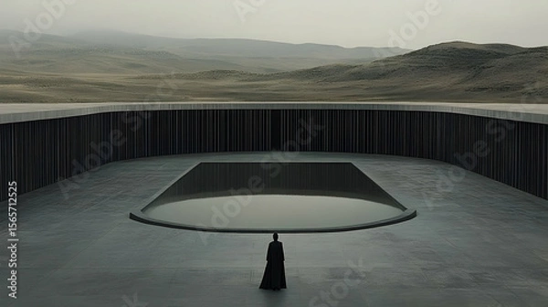 Fototapeta Minimalist courtyard with person by pool and expansive landscape