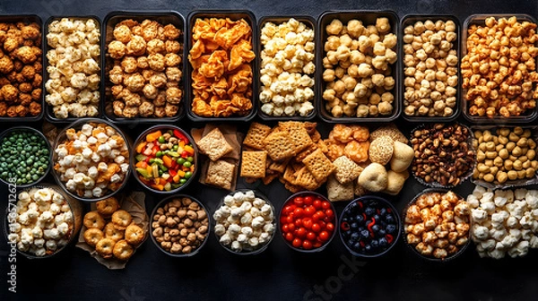 Fototapeta Assorted snacks colorful overhead view of various bowls filled with food