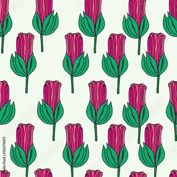 Fototapeta flower buds with leaves on light green background seamless pattern. Close colorful roses buds with green leaves on light greenish background seamless pattern. Good for tiles, fabric, tiles, decoration