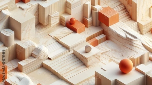 Fototapeta Abstract Wooden Geometric Composition: A 3D Render of Interlocking Beige and Orange Shapes