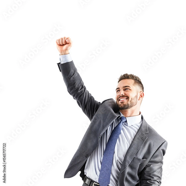 Fototapeta Ecstatic Business Man Raising Arm in Celebration of Victory on Isolated transparent background