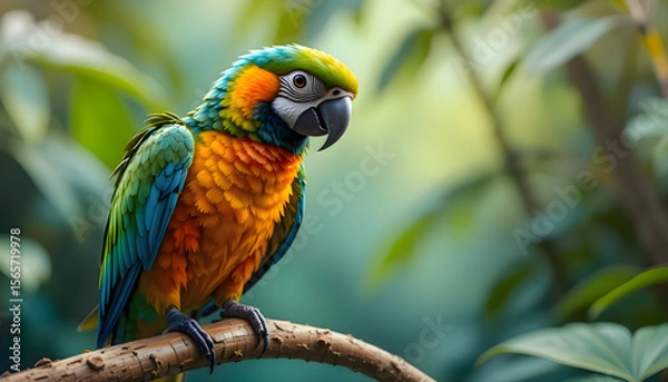 Fototapeta Colorful parrot perched on a tree branch deep in a tropical forest, surrounded by lush green foliage, feathers vibrant in daylight and head turned to the side