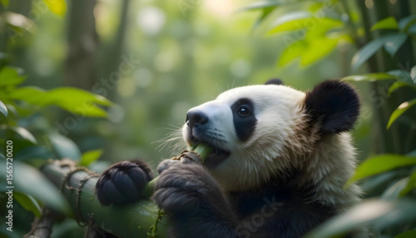 Fototapeta Panda bear sitting on the forest ground chewing on bamboo leaves in a peaceful woodland environment, surrounded by greenery and natural light filtering through