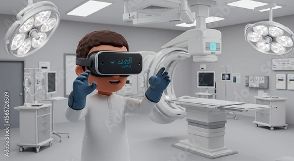 Obraz Young boy in virtual reality headset explores a futuristic operating room, immersed in a medical simulation.