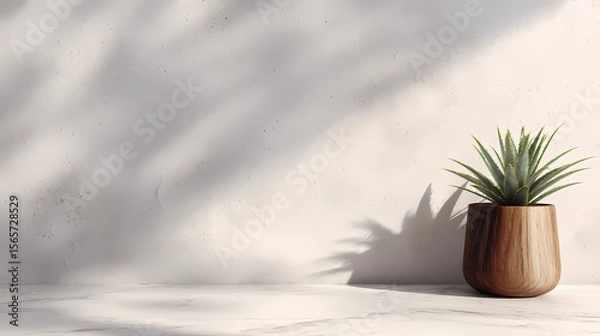 Fototapeta 3D rendering of a wooden pot with an agave plant on a white wall background with a shadow effect.