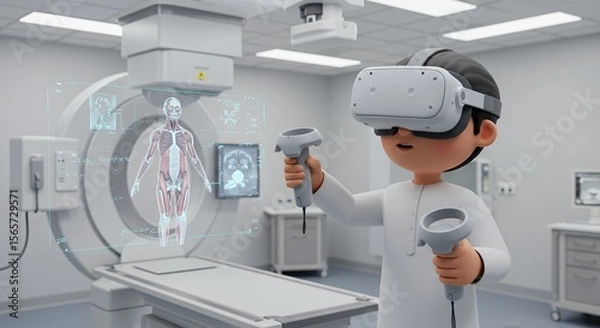 Obraz Young scientist explores virtual human anatomy using futuristic VR headset and controllers in a modern medical facility.