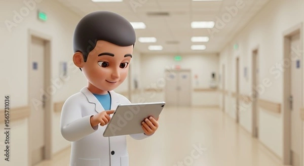 Obraz Young doctor uses a tablet computer in a bright hospital corridor, showcasing modern healthcare technology.