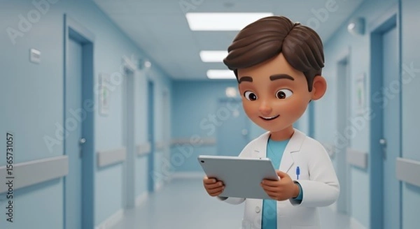 Obraz Young doctor uses a tablet computer while walking down a hospital corridor.