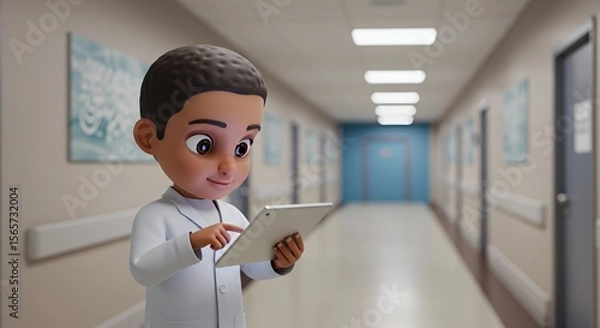 Obraz Young doctor uses tablet in a bright hospital corridor, showcasing modern healthcare technology and a positive future.