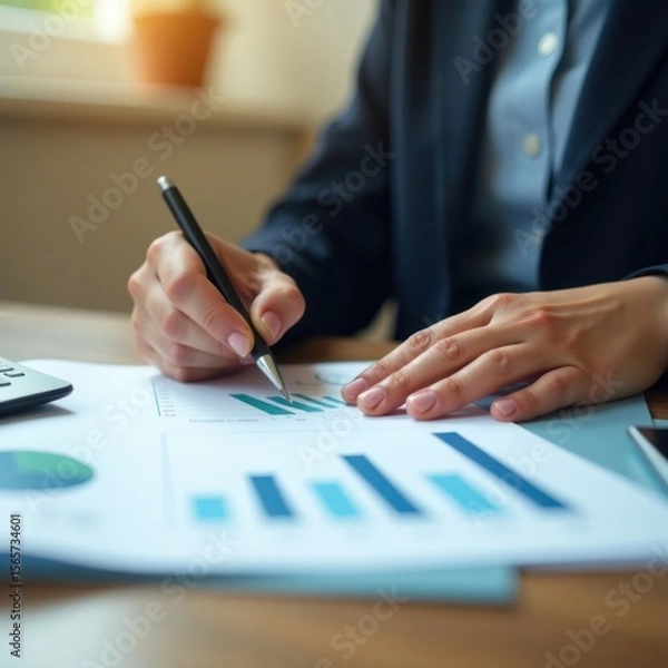Obraz Financial Analysis: Business Professional Working on Report. Ideal for illustrating financial planning, market analysis, business strategy