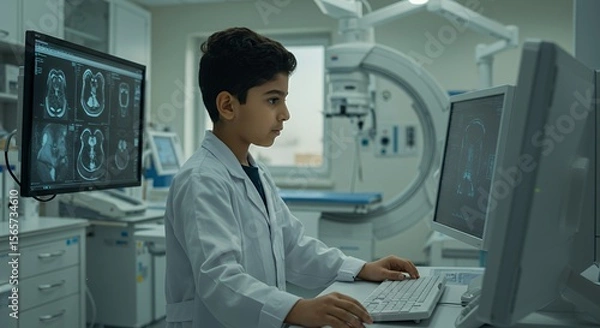 Obraz Young aspiring doctor intently studies medical scans on computer screens in a modern hospital setting, showcasing dedication and future potential.