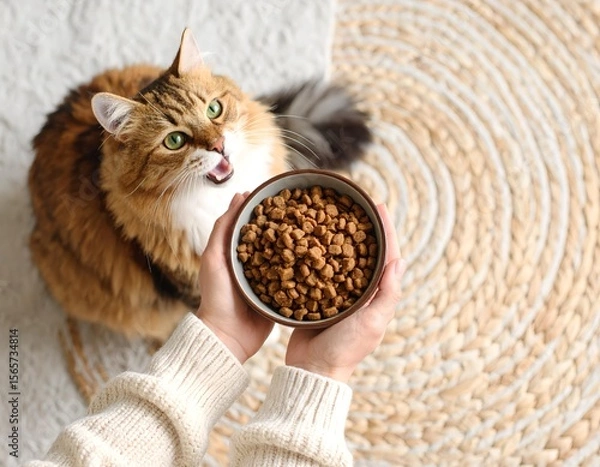 Fototapeta top view of human hand with a stylish bowl of tuna cat food, cozy carpeted floor, big round cute cat with open mouth begging for food
