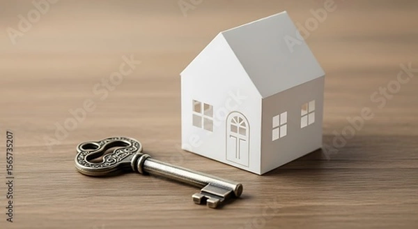 Fototapeta House and Key on Wooden Surface