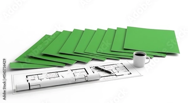Fototapeta Blueprint with Green Sheets and Coffee