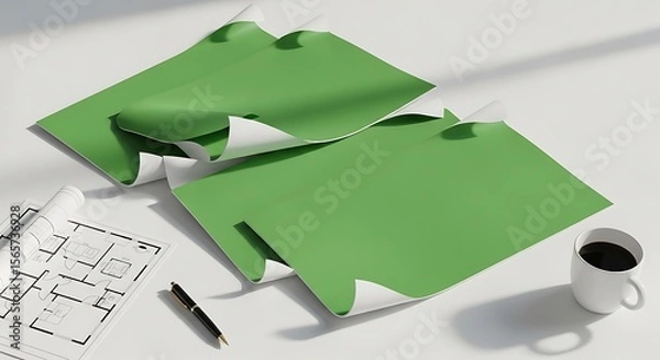 Fototapeta Green Paper Sheets on White Surface with Blueprint and Coffee