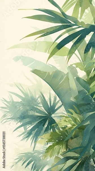 Fototapeta A tropical plant wallpaper featuring lush green foliage in a delicate watercolor style, paired with a soft pastel background and high resolution.