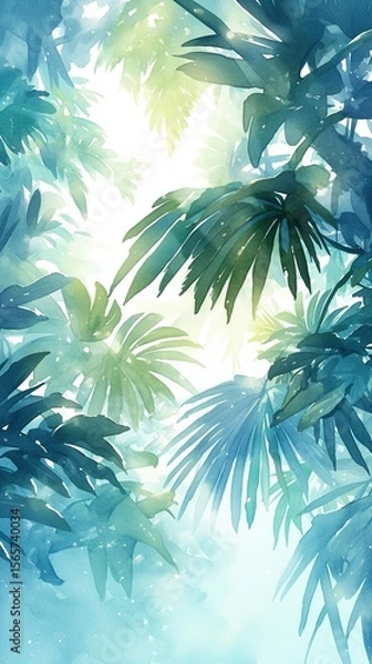 Fototapeta A tropical plant wallpaper featuring lush green foliage in a delicate watercolor style, paired with a soft pastel background and high resolution.