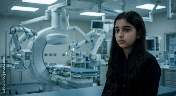 Obraz Young girl with pensive expression stands in a modern medical facility, surrounded by advanced medical equipment.