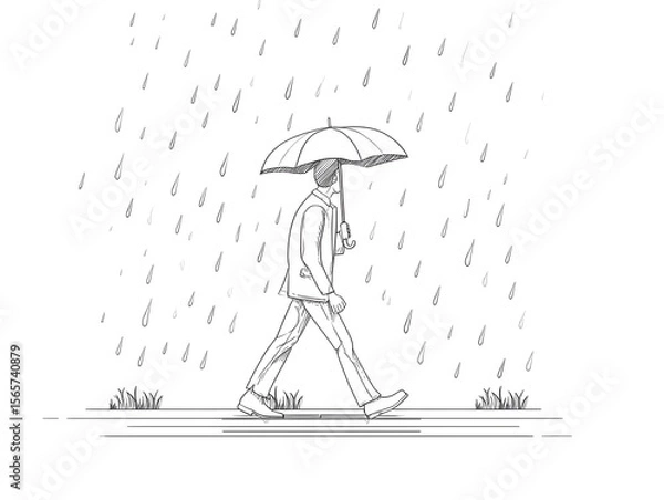 Fototapeta Walking Through the Rain: A lone figure strides confidently through a downpour, sheltered beneath an umbrella, the detailed illustration captures the simple beauty of everyday resilience.