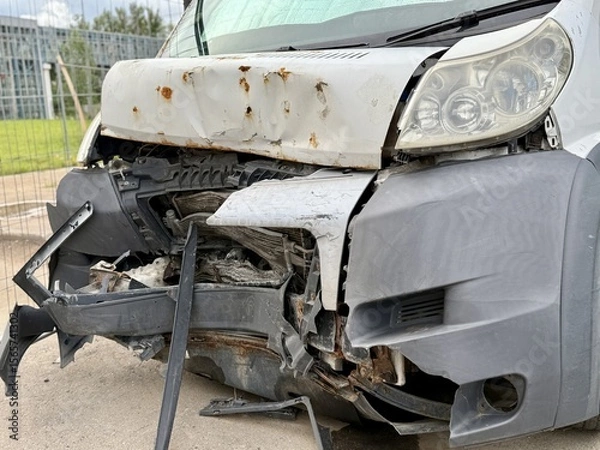 Obraz This minibus was significantly damaged as a result of a serious head-on collision. A seriously damaged grey minibus, which shows significant collision marks in the front and extensive rust marks.