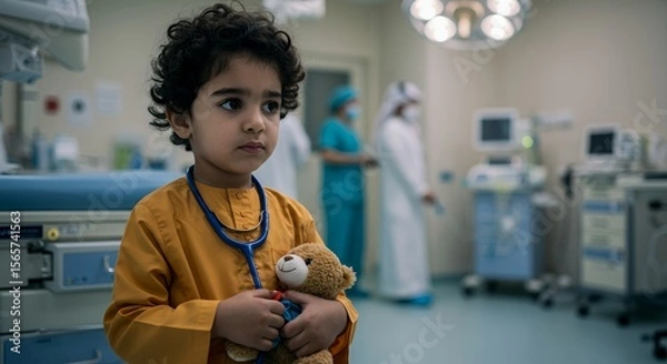Obraz Young child in a hospital setting, clutching a teddy bear, dressed in an orange robe, wearing a stethoscope, a poignant image of innocence and hope.
