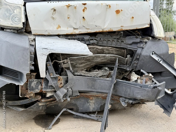 Obraz This minibus was significantly damaged as a result of a serious head-on collision. A seriously damaged grey minibus, which shows significant collision marks in the front and extensive rust marks.