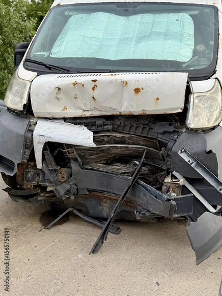 Obraz This minibus was significantly damaged as a result of a serious head-on collision. A seriously damaged grey minibus, which shows significant collision marks in the front and extensive rust marks.