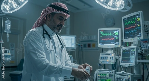 Obraz A thoughtful doctor in traditional Middle Eastern attire examines medication in a modern hospital operating room, surrounded by medical equipment.