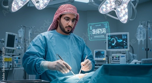Obraz Focused surgeon in traditional attire performs delicate surgery in a modern operating room, a blend of cultures and advanced medical technology.