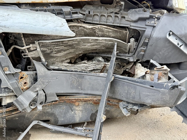 Obraz This minibus was significantly damaged as a result of a serious head-on collision. A seriously damaged grey minibus, which shows significant collision marks in the front and extensive rust marks.