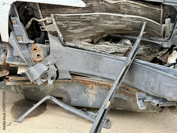 Obraz This minibus was significantly damaged as a result of a serious head-on collision. A seriously damaged grey minibus, which shows significant collision marks in the front and extensive rust marks.