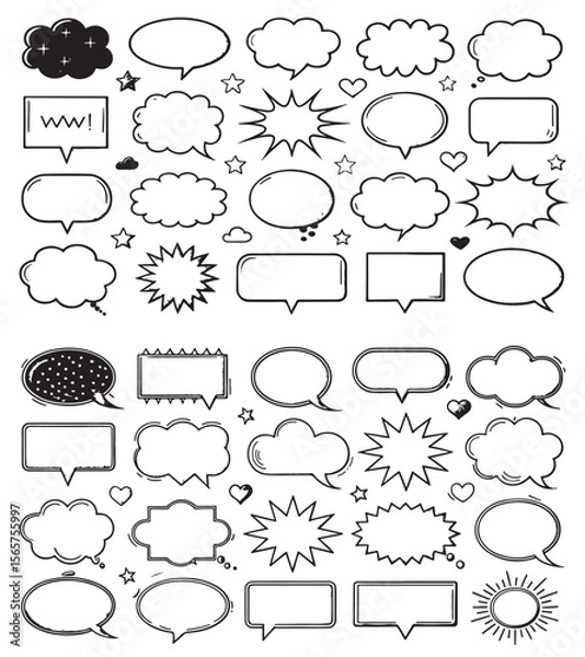 Obraz Collection of black and white comic style speech bubbles and starbursts graphic