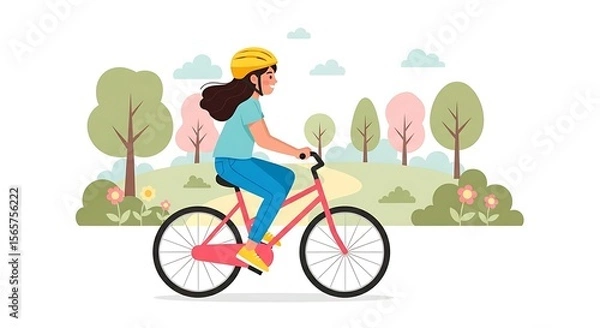 Fototapeta A woman riding a pink bicycle wearing a yellow helmet in a park with trees and green grass area