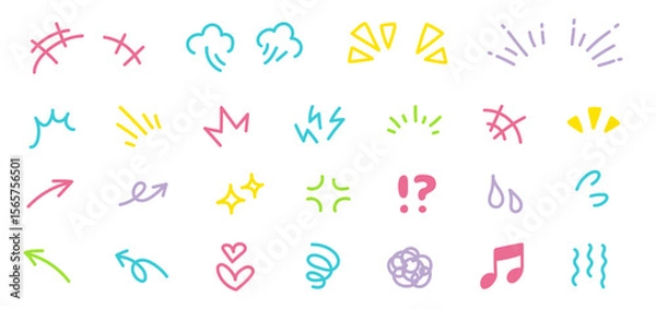 Obraz 手描きの装飾セット。漫画風の感情アイコン。落書き風のかわいい線のイラスト。強調、矢印、輝きのベクター素材。