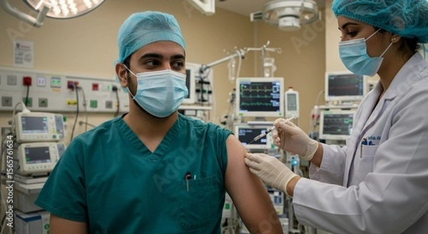 Obraz Focused medical professional administers a vaccination to a colleague in a sterile hospital operating room setting.