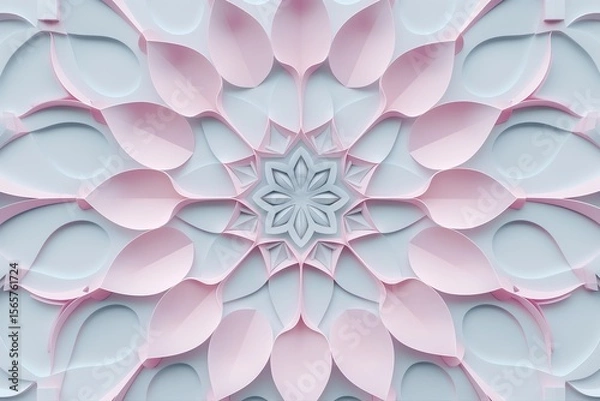 Fototapeta Intricate paper art design with layered shapes in soft pink and light gray tones highlighting floral motif and symmetrical patterns. 3d arabic mandala background concept.